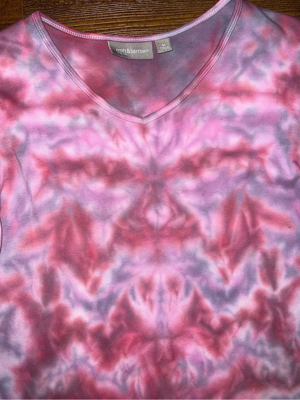 Pink Tie-Dye V-Neck Psychedelic Festival Stretch Long Sleeve Cotton Top Size M - Picture 7 of 8